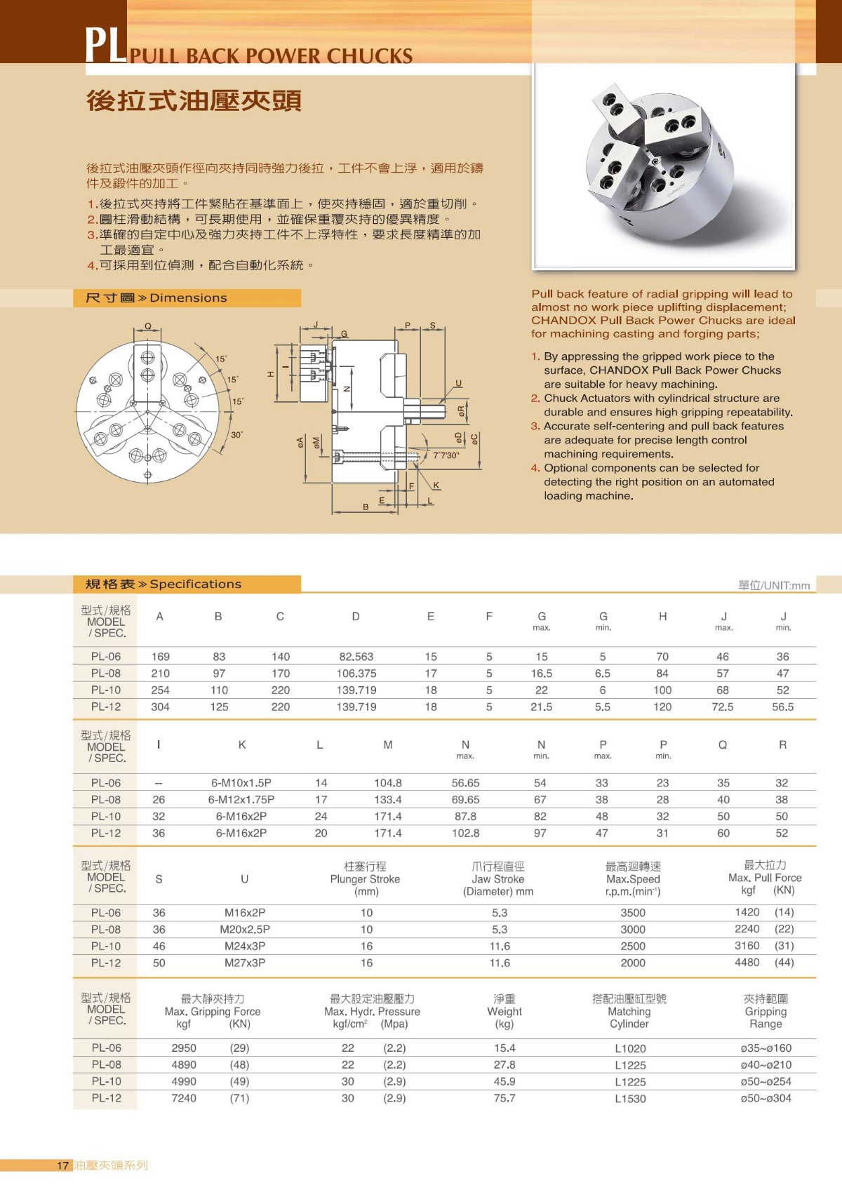 千島三爪后拉液壓卡盤參數(shù)表