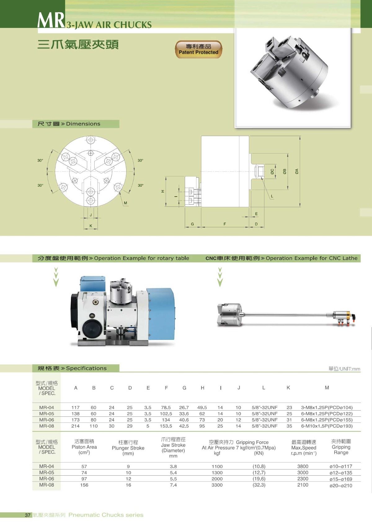 千島三爪氣動卡盤參數(shù)表