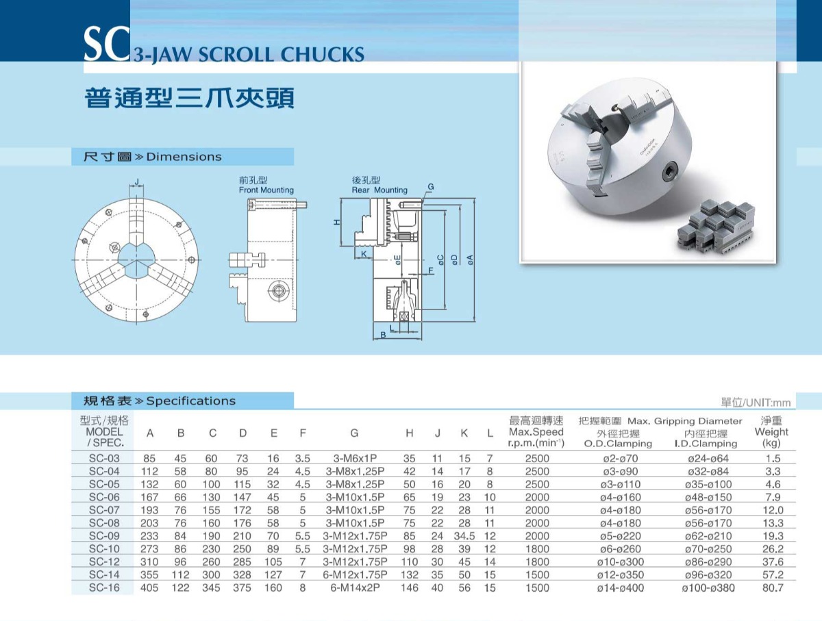千島普通型三爪手動(dòng)卡盤參數(shù)表