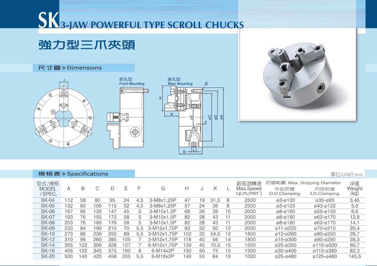 千島強(qiáng)力型三爪手動(dòng)卡盤(pán)參數(shù)表