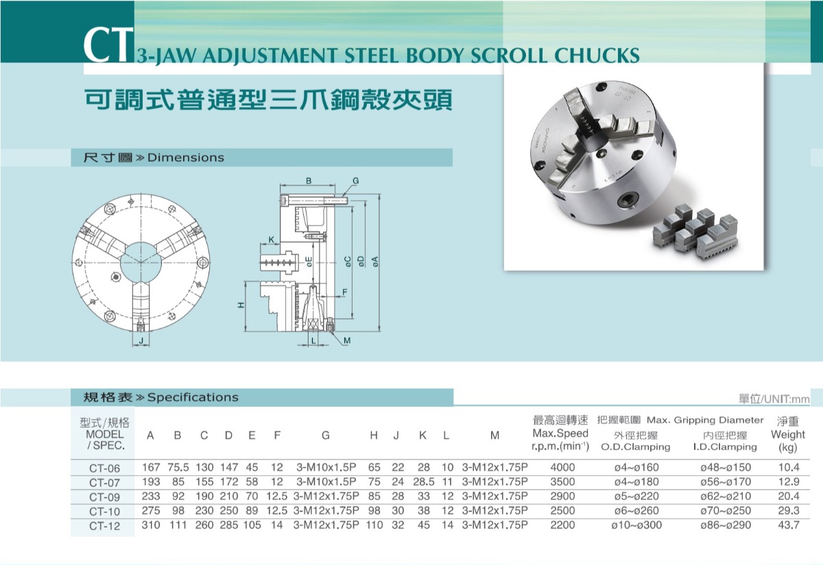 千島可調式普通型三爪手動卡盤參數(shù)表