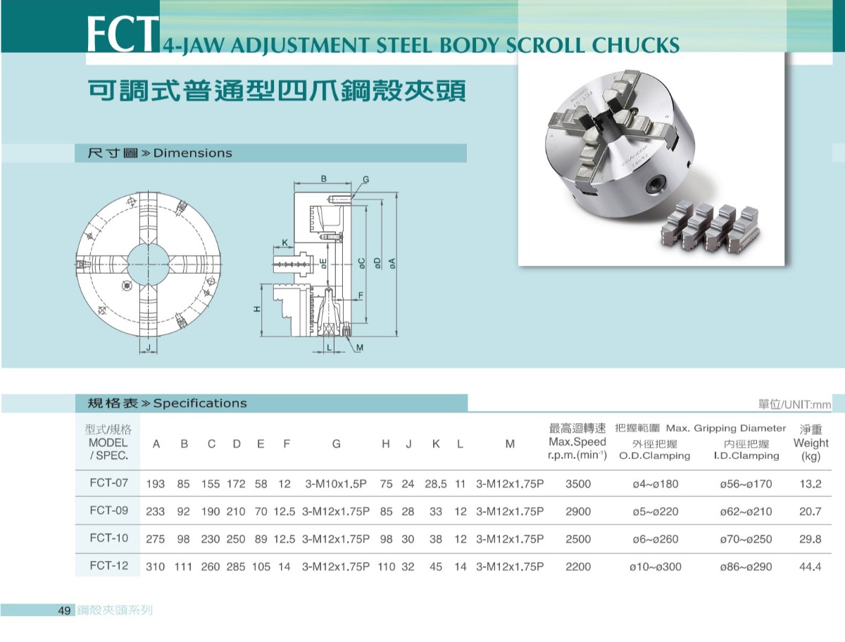 千島可調(diào)式普通型四爪手動卡盤參數(shù)表