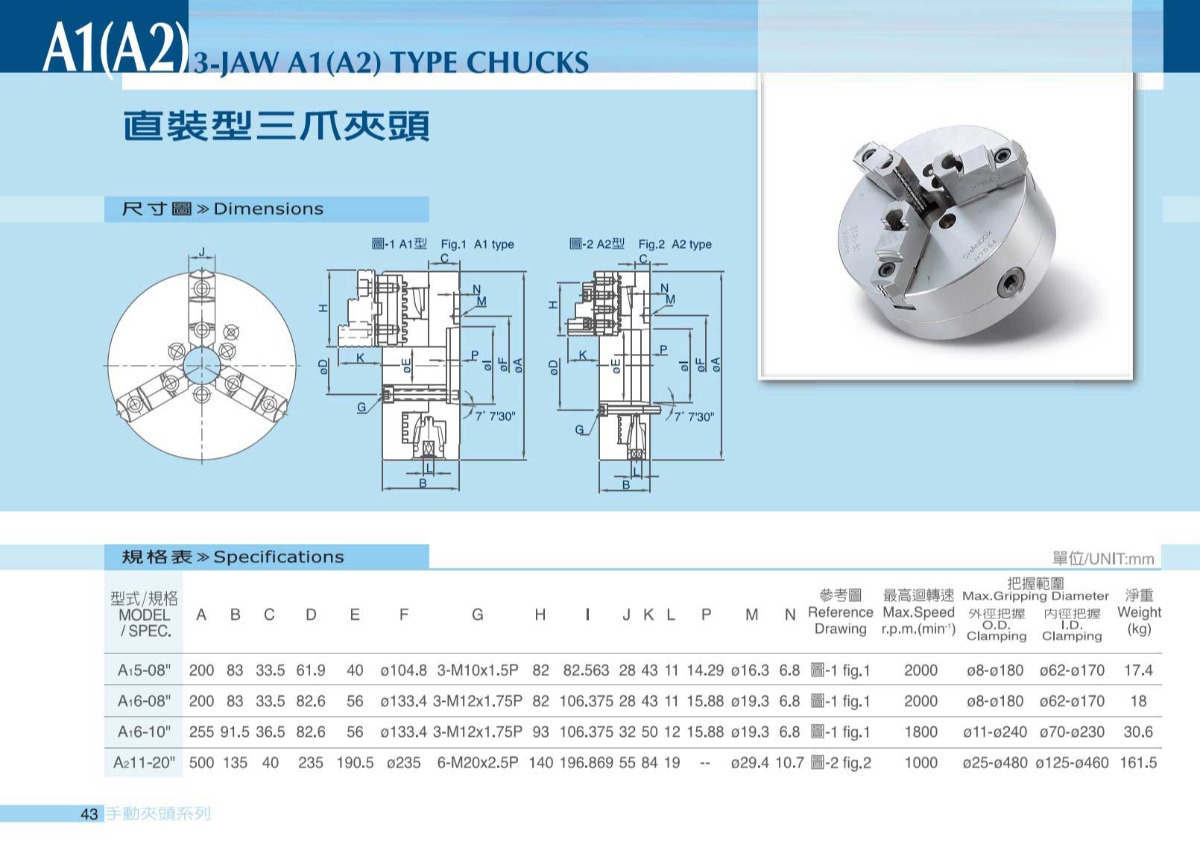 千島直裝型手動三爪卡盤參數表