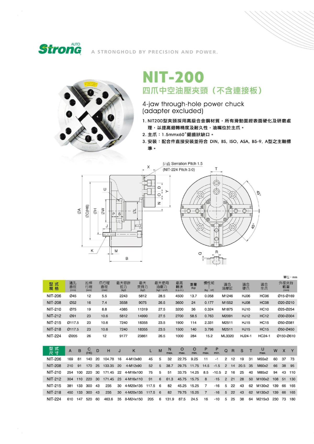億川四爪中空液壓卡盤參數(shù)表