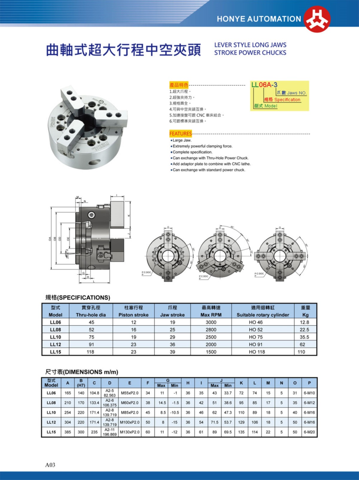 浩揚超大行程中空卡盤參數(shù)表